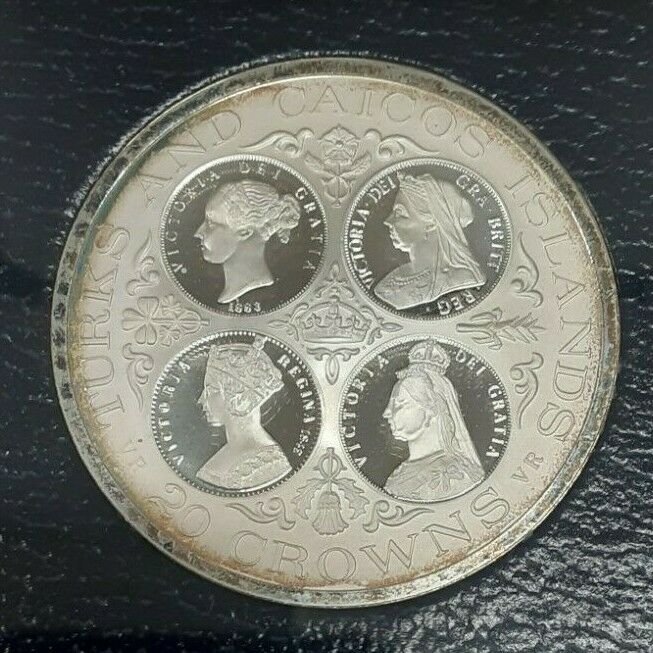 1976 Turks and Caicos Queen Victoria 20 Crowns Silver Proof Coin with ...