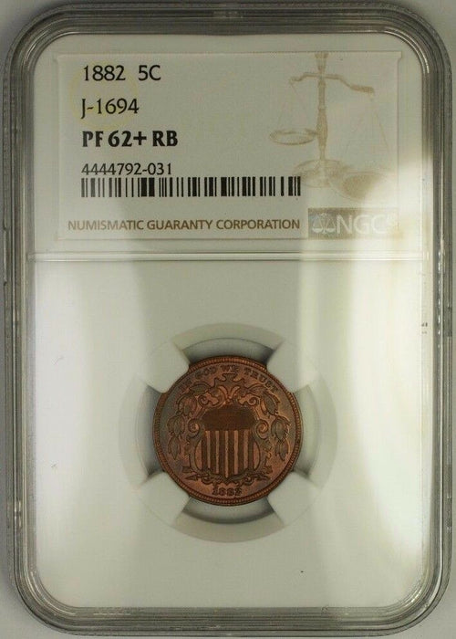 1882 Shield Nickel Pattern Proof Copper Coin NGC PF-62+ Plus RB J-1694 Judd WW