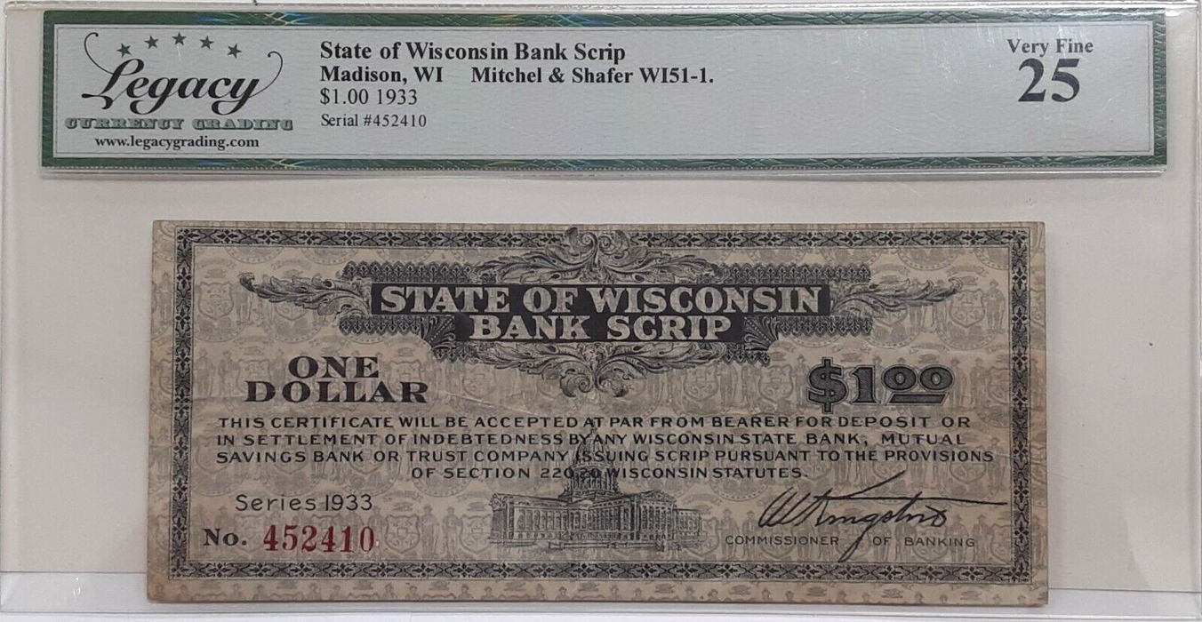 1933 State of Wisconsin Bank Scrip $1 Note M&S WI 51-1 Legacy Very Fine-25