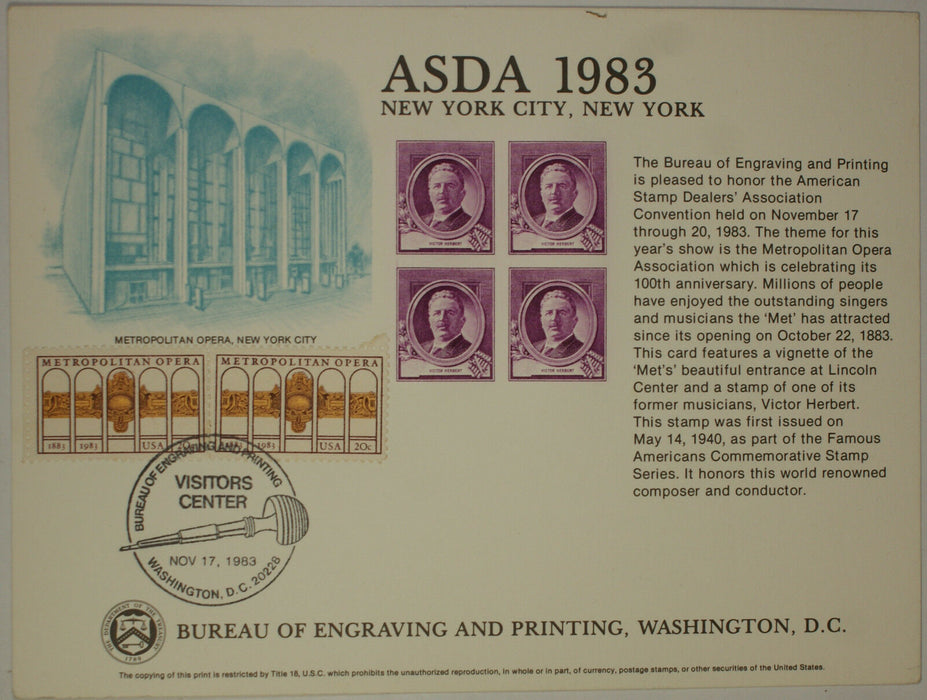BEP souvenir card B 63 ASDA 1983 1940 3¢ Herbert stamp Visitors Center Cancelled