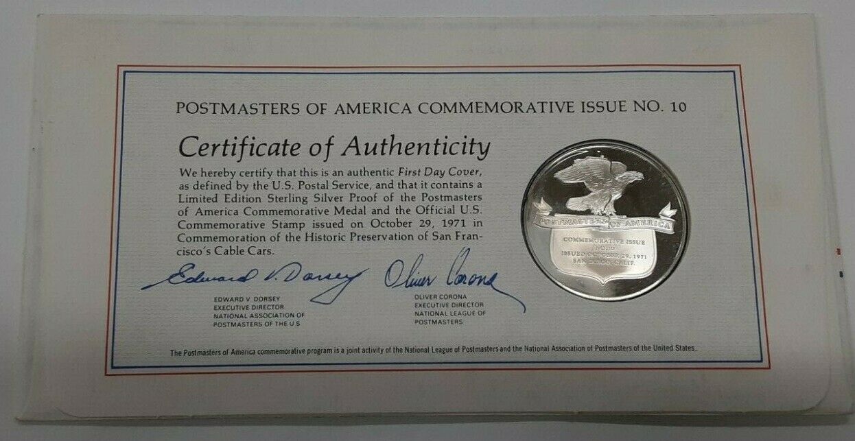 1971 Postmasters Of America Commemorative Silver Medal  SF Cable Cars