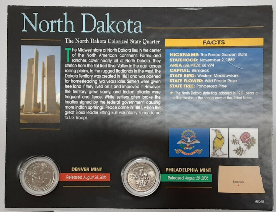 (2) 2006 North Dakota Colorized State Quarter P&D-BU-w/Colorful Display Card