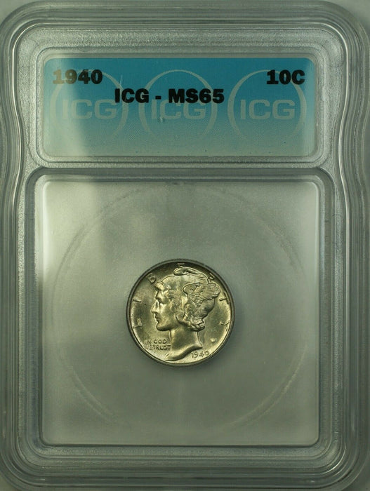 1940 Silver Mercury Dime 10c Coin ICG MS-65 Lightly Toned Gem BU (G)