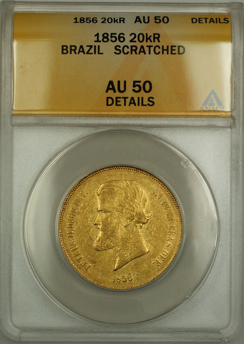 1856 Brazil 20,000 Reis Gold Coin ANACS AU-50 Details Scratched