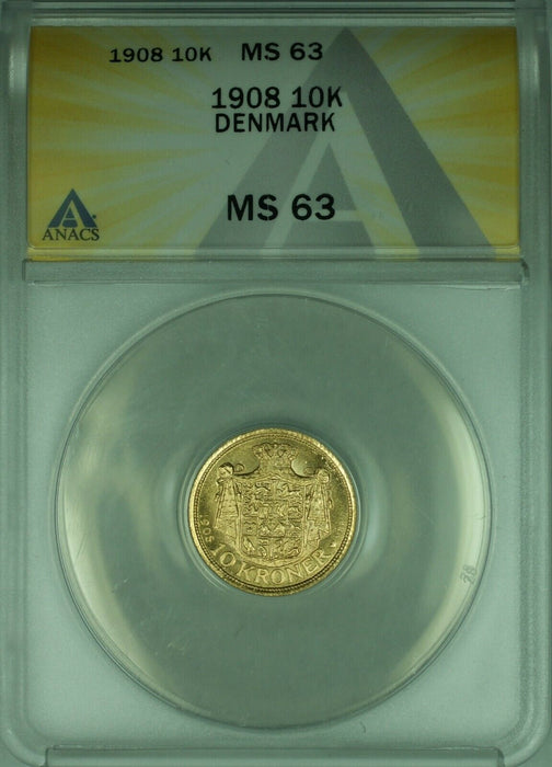 1908 Denmark 10 Kroner Gold Coin ANACS MS-63 SPL Semi Proof Like