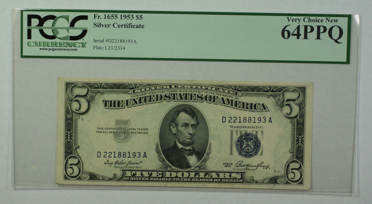 1953 $5 Bill Silver Certificate Note Currency PCGS 64PPQ Fr. 1655