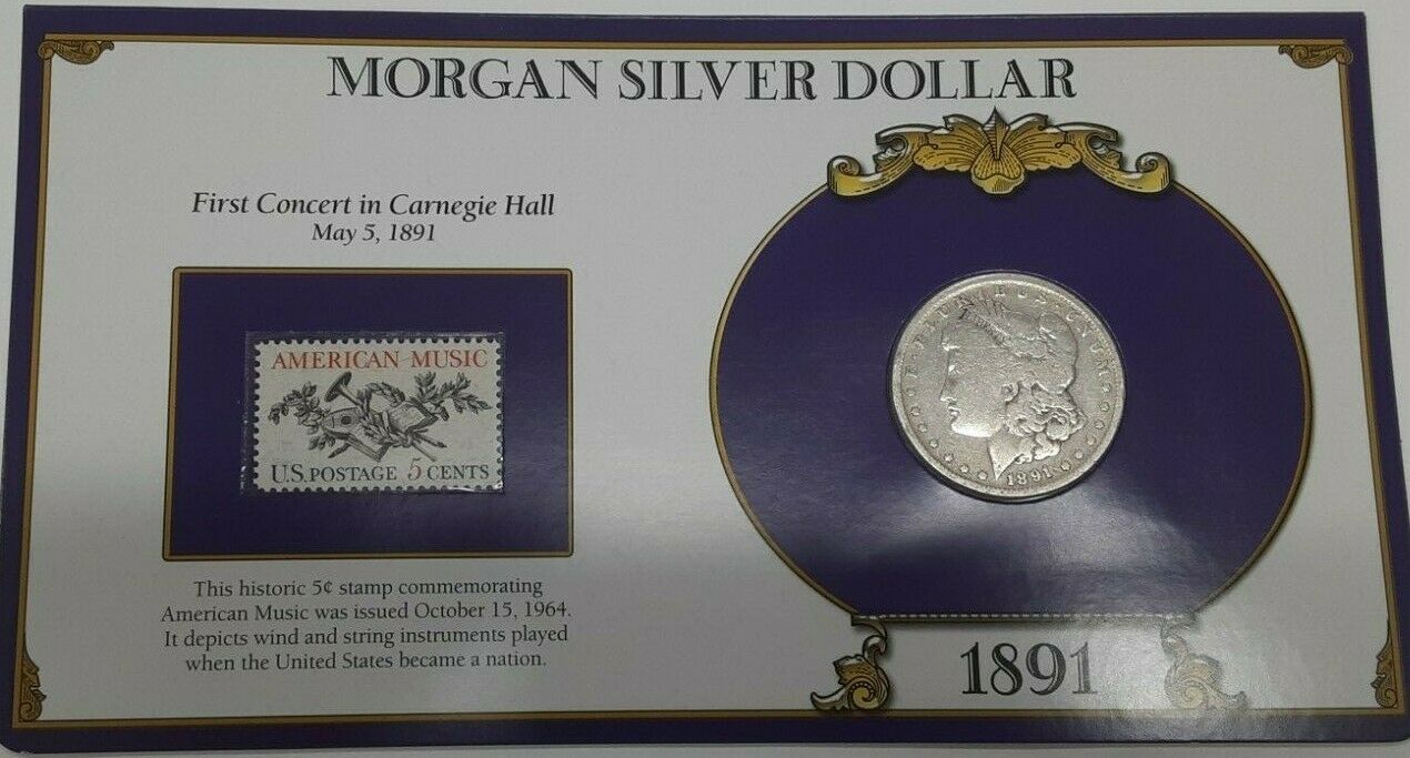 1891 Morgan Silver Dollar Coin W/Stamp in Holder - 1st Carnegie Hall Concert