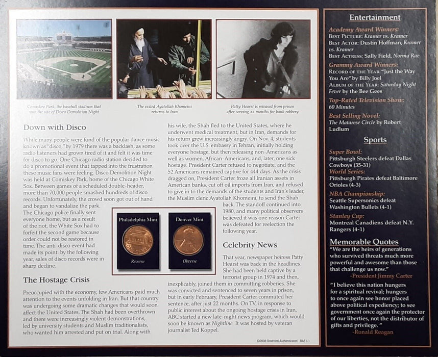 1979 Lincoln Cent / The Years Historic Events on Informative Card - See Photos