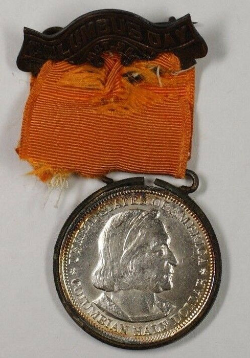 "Columbus Day Badge" 1893 Columbus Half BEAUTIFUL TONING In Medal and RIbbon GH