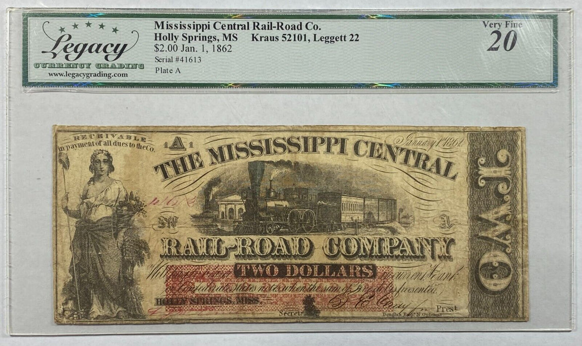 1862 Mississippi Central Rail Road Holly Springs $2 Dollar Note Legacy VF-20