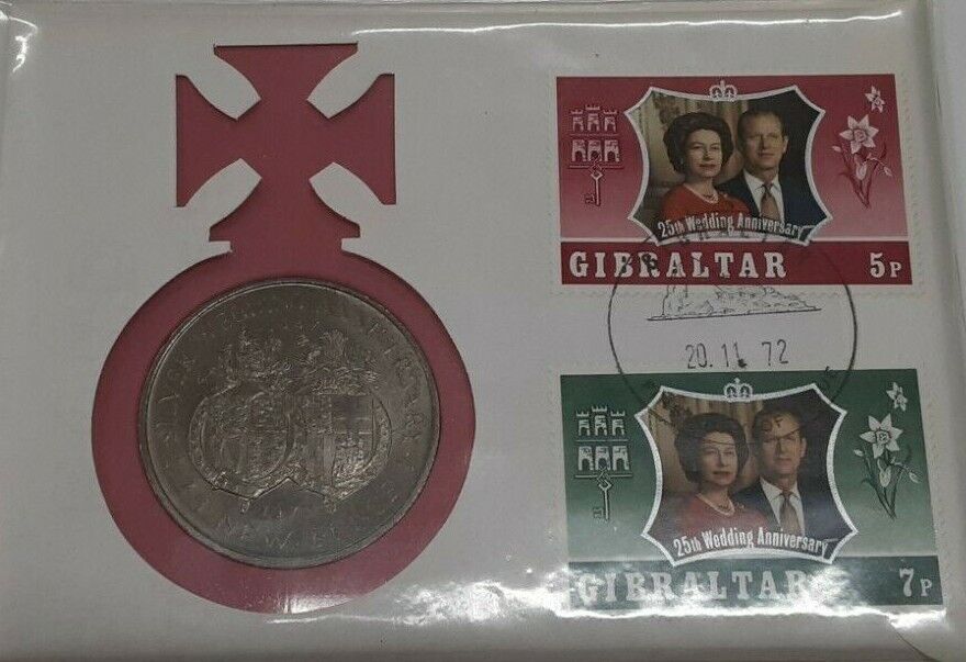 1972 Gibraltar BU 25 New Pence Coin W/Stamps in FDC 25th Royal Anniversary