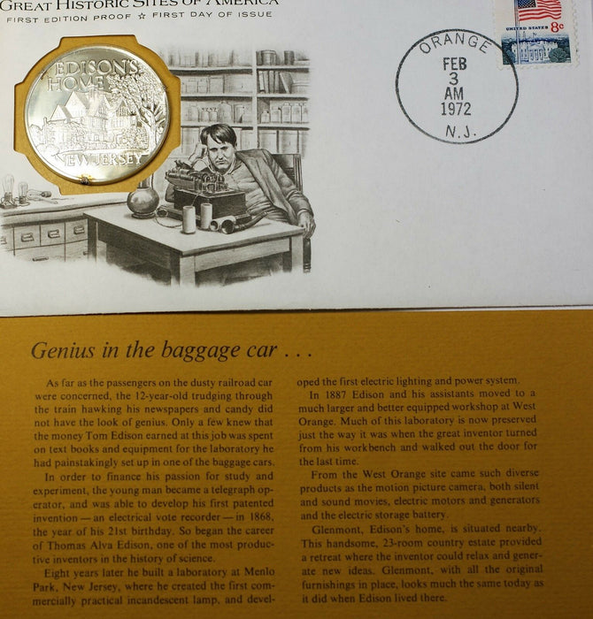 1972 Edison's Home NJ Great Historic Sites Medal Proof Silver First Day Cover