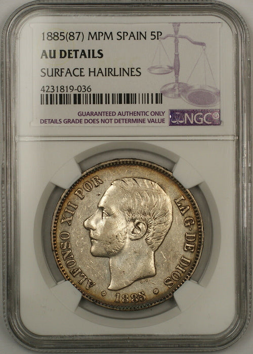 1885(87) MPM Spain 5 Pesetas Silver Coin NGC AU Details Surface Hairlines