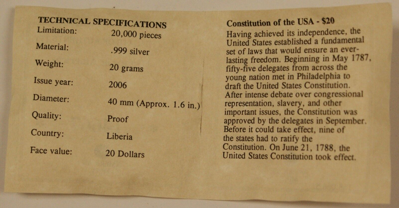 2006 Liberian 20 Dollar Silver Coin, The Ratification of the U.S. Constitution