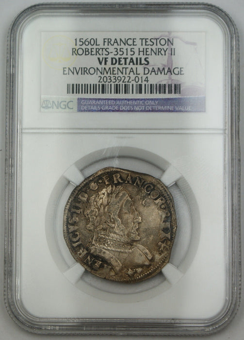 1560L France Teston Silver Coin Roberts-3515 Henry II NGC VF Details Env Dmg AKR