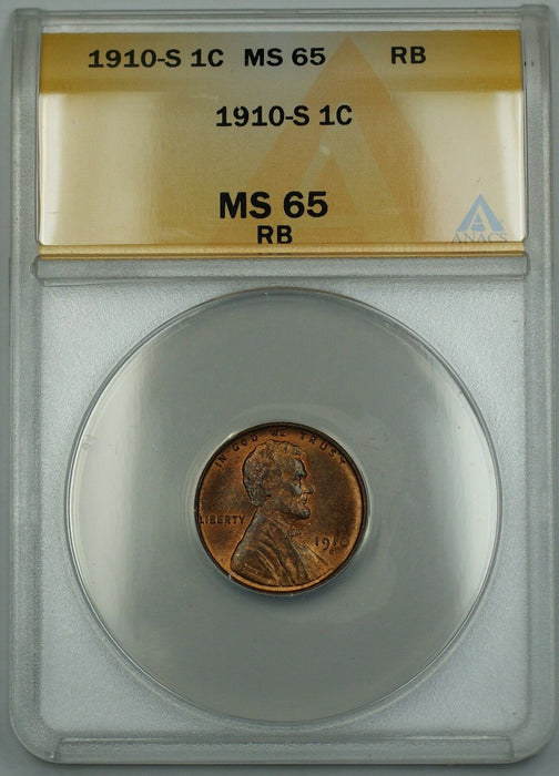 1910-S Lincoln Wheat Cent 1c Coin ANACS MS-65 Gem RB Red-Brown *Scarce Date* ETR