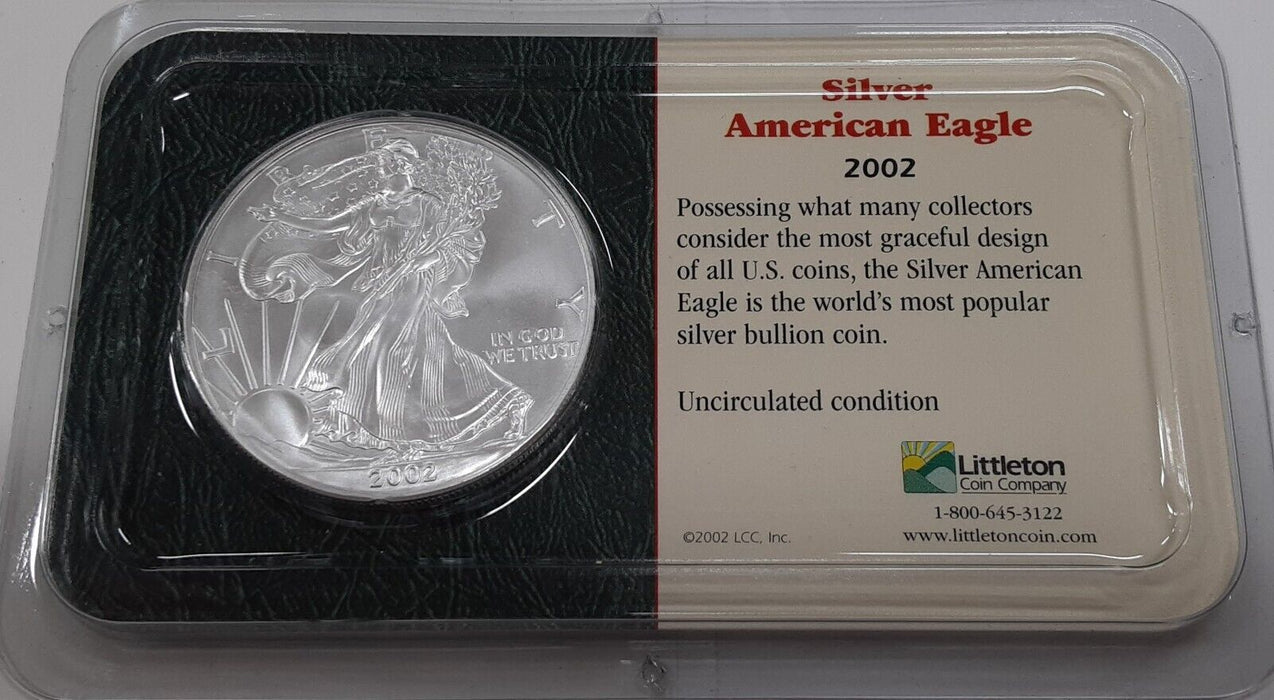 2002 American Silver Eagle $1 1 Oz Troy .999 in Littleton Clear Plastic Case
