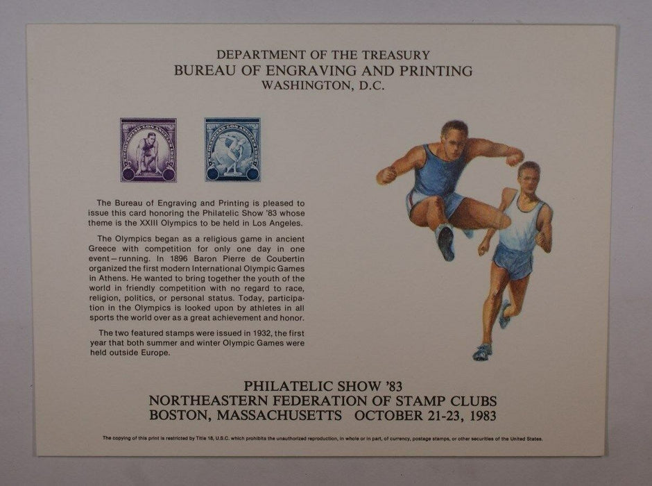 BEP souvenir card B 62 Phil Show 1983 1932 3¢ and 5¢  Olympics stamps