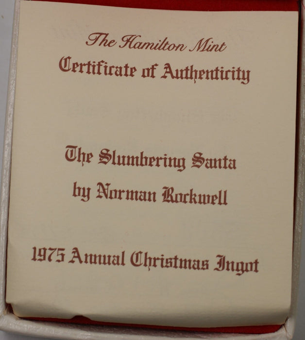 1975 Norman Rockwell Slumbering Santa Christmas Ingot One Troy Ounce Silver