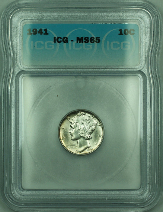 1941 Mercury Silver Dime 10c Coin ICG MS-65 (Looks Full Bands FB) (Q)