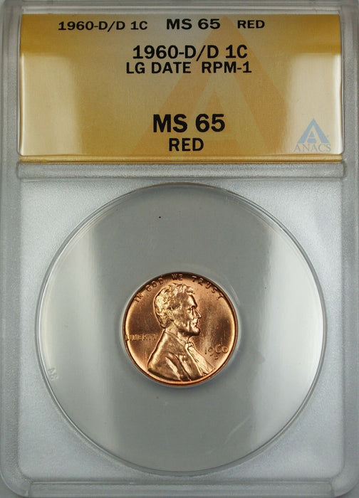 1960-D/D Large Date RPM-1 Lincoln Memorial Cent 1c Coin ANACS MS-65 Red Gem