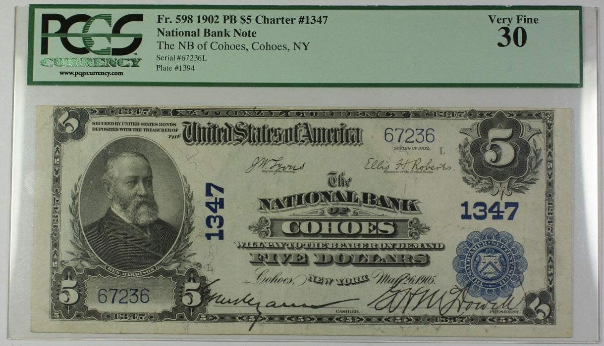 1902 Plain Back $5 National Currency Banknote Cohoes NY Charter #1347 PCGS VF-30