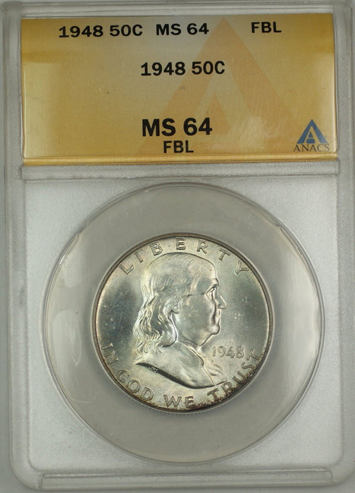1948 Franklin Silver Half Dollar Coin ANACS MS-64 FBL Beautiful Light Toning GK