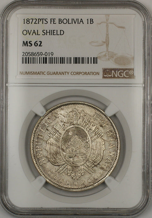 1872-PTS FE Oval Shield Bolivia 1B Boliviano Silver Coin NGC MS-62
