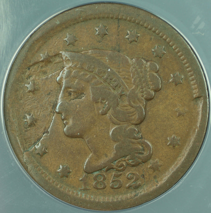 1852 Large Cent 1c Mint Error Obverse Lamination ANACS VF-20 Details Scratched