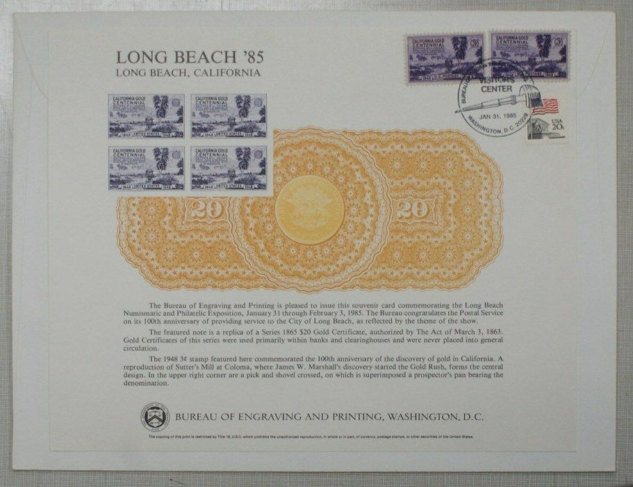BEP souvenir card B 75 Long Beach 1985 1948 Calif Gold Centennial stamp Canceled