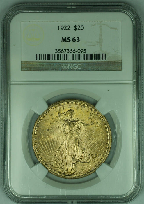 1922 $20 St. Gaudens Double Eagle Gold Coin NGC MS-63