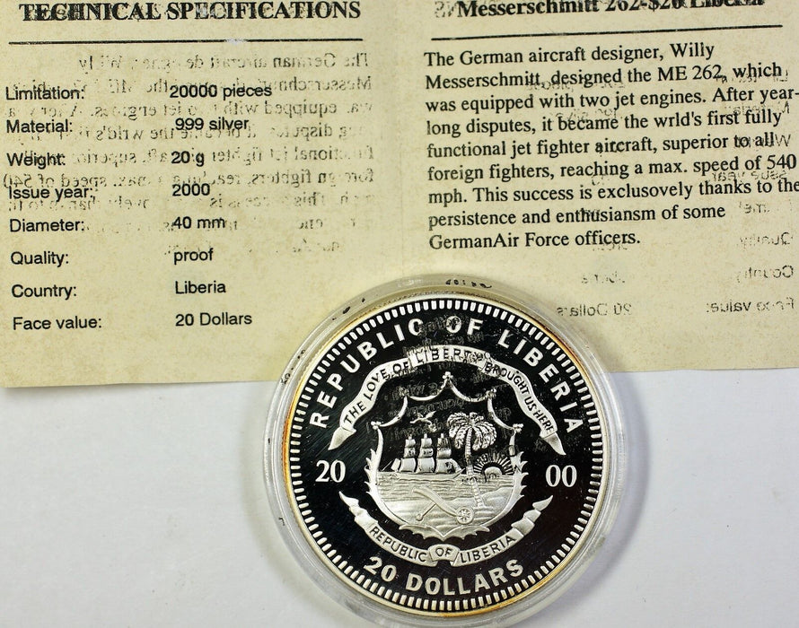 2000 Republic of Liberia Silver $20 Messerschmitt German Jet Proof Coin with COA