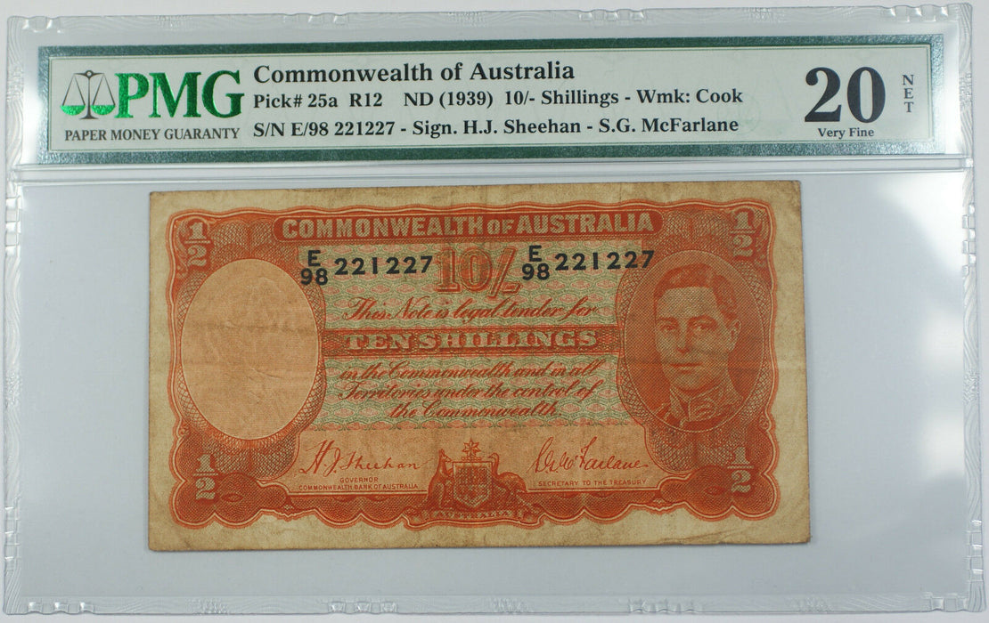 ND 1939 Commonwealth of Australia 10/- Shilling Note Pick# 25a PMG VF 20 Stained