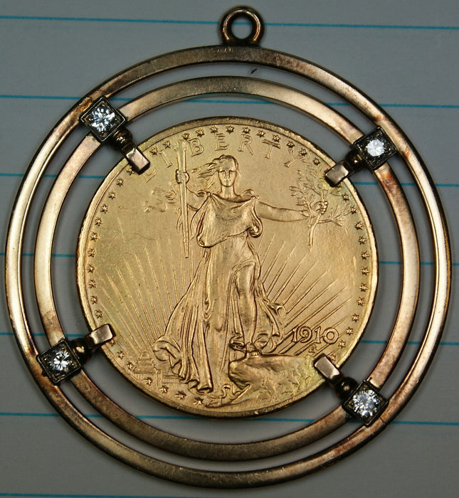 1910 $20 Gaudens Double Eagle Coin 10K Gold Diamond Pendant for Necklace Jewelry