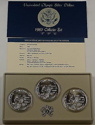 1983 P D S Uncirculated Olympic Silver Dollar Coins in Original Mint Packaging