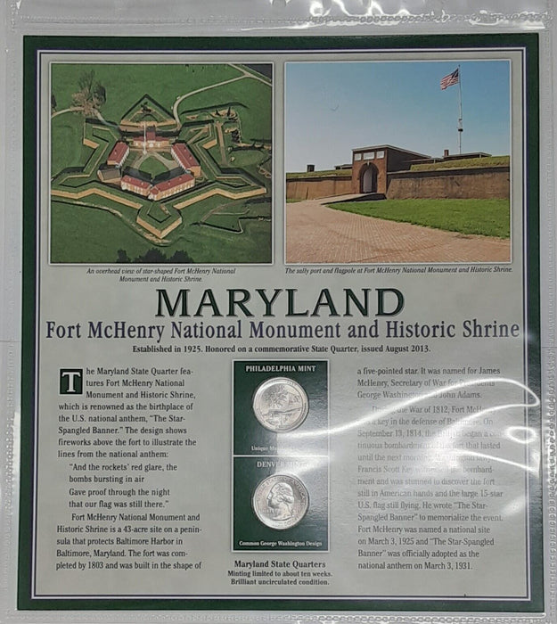 2013 Maryland Ft. McHenry National Monument Quarter P&D w/2 Stamps Display Card
