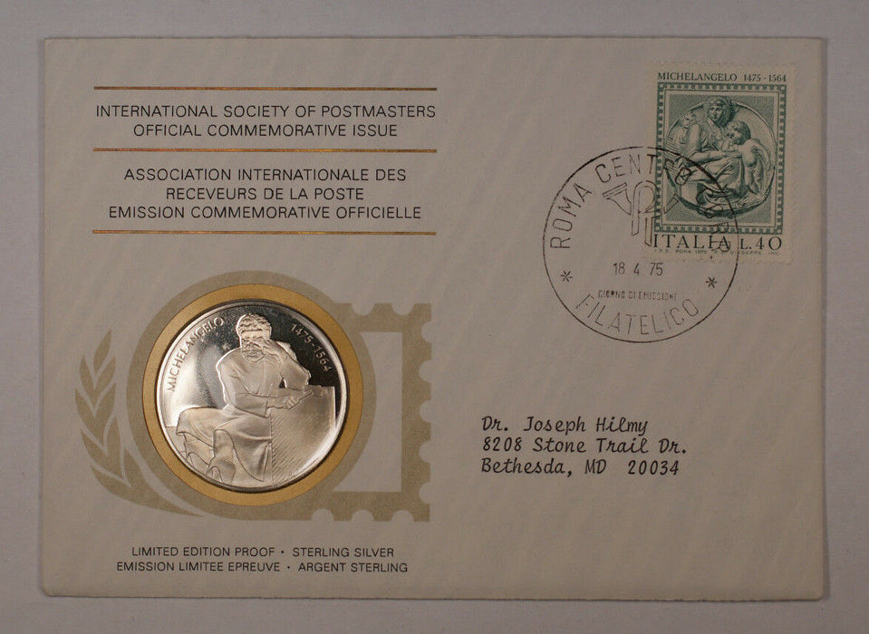 1975 Postmasters Of America Commemorative Silver Medal Michelangelo