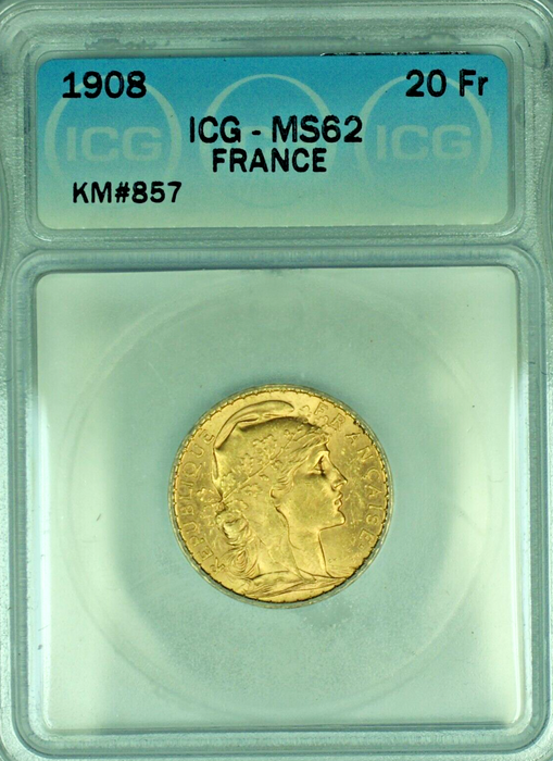 1908 France 20 Francs Gold Coin ICG MS 62