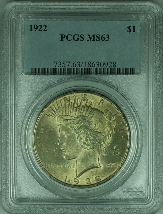 1922 Peace Silver Dollar $1 Coin PCGS MS-63 Lightly Toned (34-B)