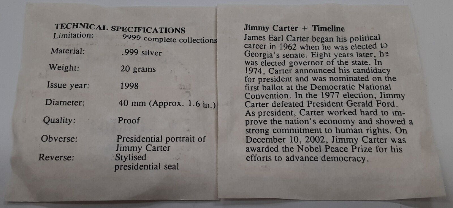 Jimmy Carter-US Presidents American Mint 20 Grams .999 Silver Round