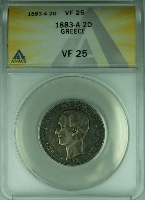 1883-A Greece 2 Drachmai Silver Coin ANACS VF-25