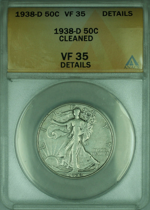 1938-D Walking Liberty Silver Half Dollar 50c Coin ANACS VF-35 Details Cleaned