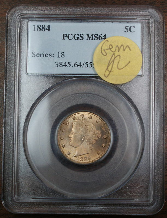 1884 Liberty Nickel Coin, PCGS MS-64 (Better Coin) FS