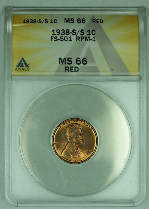 1938-S/S Lincoln Wheat Cent 1C Coin FS-501 ANACS MS 66 RD (20)