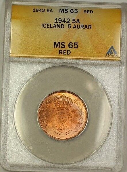 1942 Iceland 5A Five Aurar Copper Coin ANACS MS-65 Red GEM BU (A)
