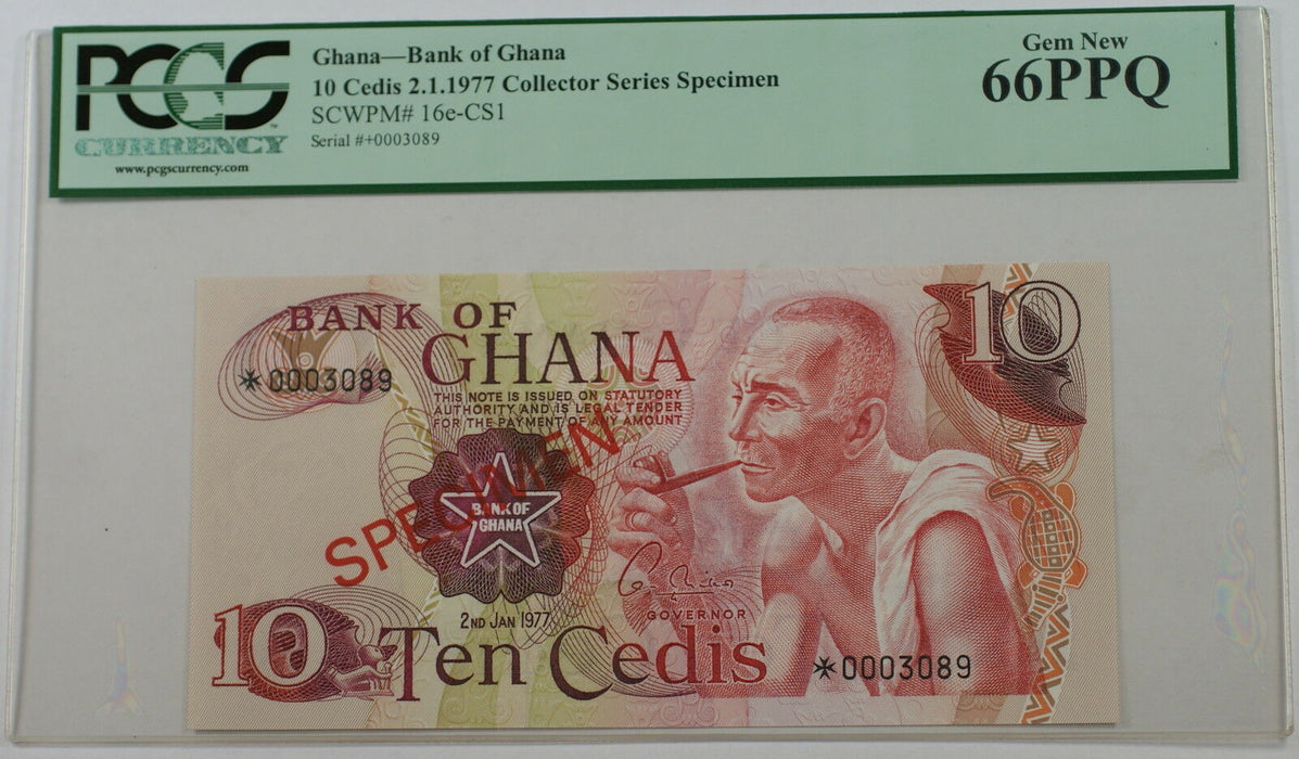 2.1.1977 Bank of Ghana 10 Cedis Specimen Note SCWPM# 16e-CS1 PCGS 66 PPQ Gem New