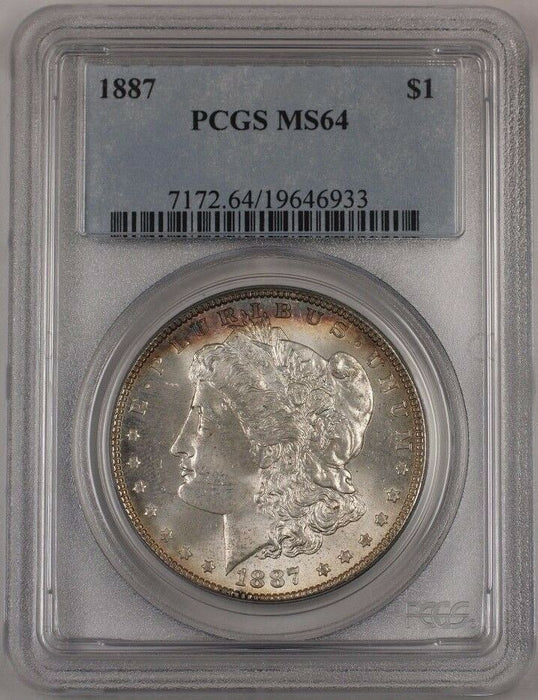 1887 US Morgan Silver Dollar Coin $1 PCGS MS-64 Lightly Toned Br7 E