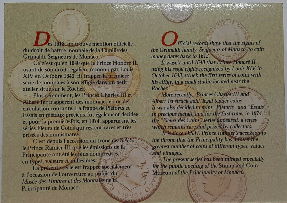 1995 Monaco 10 Piece UNC Mint Set in OGP w/COA