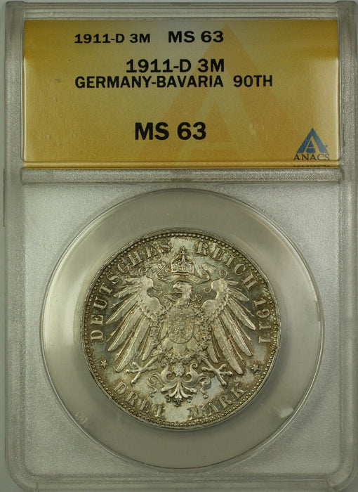 1911-D Germany Bavaria 3M Silver Coin Luitpold 90th ANACS MS-63 Lightly Toned(B)