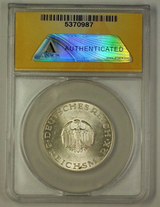 1929-A Germany Three Reichsmark Silver Coin Gottherphraim Lessing ANACS AU-58